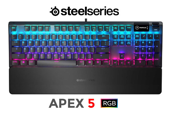 Steelseries APEX 5 Mechanical Gaming Keyboard - Hybrid Mechanical RGB Switches / OLED Smart Display / Dynamic Per-Key RGB Illumination  / Premium Magnetic Wrist Rest / Dedicated Multimedia Controls / Three-Way Cable Routing / 64532