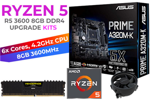 AMD RYZEN 5 3600 Prime A320M-K 8GB 3600MHz Upgrade Kit -Asus Prime A320M-K ATX Ryzen Motherboard + AMD RYZEN 5 3600 35MB GameCache Up to 4.2GHz CPU (OEM) + KLEVV (1x 8GB) 8GB 3600MHz DDR4 Memory