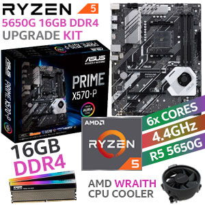 AMD RYZEN 5 PRO 5650G Prime X570-P 16GB RGB 4000MHz Upgrade Kit - ASUS Prime X570-P Ryzen Motherboard +AMD RYZEN 5 PRO 5650G 19MB CACHE Up to 4.4GHz CPU (OEM) + KLEVV CRAS XR RGB 16GB (2 x 8GB) 4000MHz DDR4 Desktop Memory