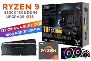 AMD Ryzen 9 5900X TUF B550-PLUS Wi-Fi 16GB RGB 3600MHz Upgrade Kit - ASUS TUF GAMING B550-PLUS Wi-Fi AMD Ryzen ATX Motherboard + AMD RYZEN 9 5900X 70MB GameCache Up to 4.8GHz CPU (OEM) + Corsair Vengeance RGB RS 16GB (2 x 8GB) 3600MHz DDR4 Desktop Memory + Gamdias Chione M2-240R AIO CPU Liquid