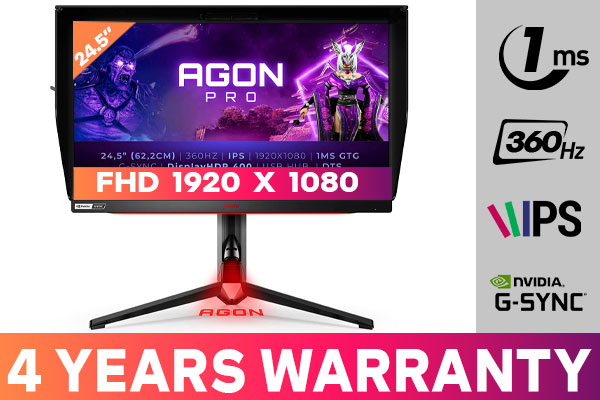 AOC Agon PRO AG254FG 25 Tournament Gaming Monitor, FHD 1920x1080, 360Hz,  1ms, DisplayHDR 400, G-SYNC + Reflex, Console Ready, Light FX, Low Input  Lag, Height-Adjustable 