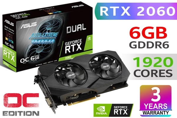 ASUS Dual GeForce RTX 2060 OC EVO 6GB GDDR6 Graphics Card / 1920 Cuda Cores / Boost: 1785 MHz / Axial-tech Fan Design / Protective Backplate / Super Alloy Power II / NVIDIA TURING / DUAL-RTX2060-6G-EVO / 90YV0CH2-M0NA00