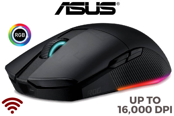 ASUS ROG Pugio II Ambidextrous Wireless Gaming Mouse / 16,000 DPI Optical Sensor / Aura Sync RGB Lighting / on-the-fly DPI-adjust Button / 7 Programmable Button / 90MP01L0-BMUA00