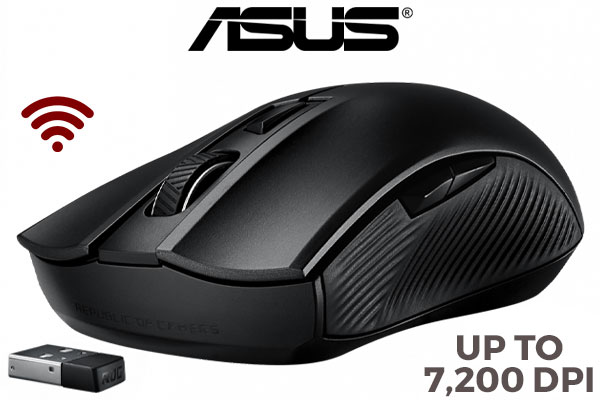 ASUS ROG Strix Carry Optical Wireless Gaming Mouse / 7200-dpi sensor /  Dual 2.4GHz/Bluetooth wireless connectivity / Exceptional Battery Life over 300+ hours / Gaming-grade PMW3330 optical sensor / ROG-Exclusive socket design  / 90MP01B0-B0UA00