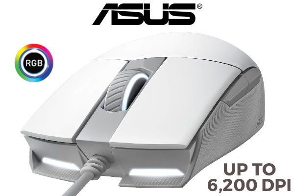 ASUS ROG Strix Impact II Optical Gaming Mouse - Moonlight White / 6,200-DPI Optical Sensor / Push-fit Switch-socket / Aura Sync RGB Lighting / Omron 50M L/R Switch / 90MP02C0-BMUA00