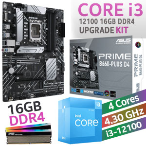 Intel 12th Gen Core i3-12100 PRIME B660-PLUS D4 16GB RGB 3600MHz Upgrade Kit - ASUS PRIME B660-PLUS D4 Intel Motherboard  + Intel 12th Gen Core i3 12100 Up to 4.30GHz CPU + KLEVV CRAS XR RGB 16GB (2 x 8GB) 3600MHz DDR4 Desktop Memory