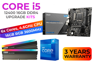 Intel 12th Gen Core i5-12400 PRO B660M-E D4 16GB RGB 3600MHz Upgrade Kit - MSI PRO B660M-E D4 Intel Motherboard + Intel 12th Gen Core i5-12400 Up to 4.40GHz CPU + KLEVV CRAS XR RGB 16GB (2 x 8GB) 3600MHz DDR4 Desktop Memory
