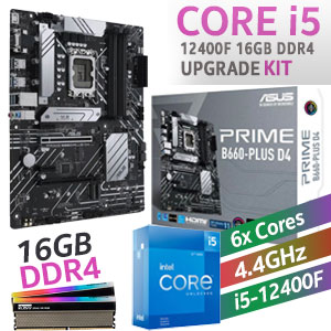 Intel 12th Gen Core i5-12400F PRIME B660-PLUS D4 16GB RGB 3600MHz Upgrade Kit - ASUS PRIME B660-PLUS D4 Intel Motherboard  + Intel 12th Gen Core i5-12400F Up to 4.40GHz CPU + KLEVV CRAS XR RGB 16GB (2 x 8GB) 3600MHz DDR4 Desktop Memory