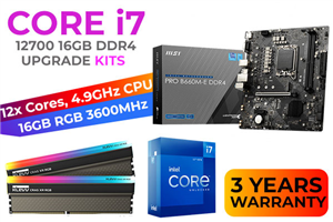Intel 12th Gen Core i7-12700 PRO B660M-E D4 16GB RGB 3600MHz Upgrade Kit - MSI PRO B660M-E D4 Intel Motherboard + Intel 12th Gen Core i7-12700 Up to 4.90 GHz CPU + KLEVV CRAS XR RGB 16GB (2 x 8GB) 3600MHz DDR4 Desktop Memory