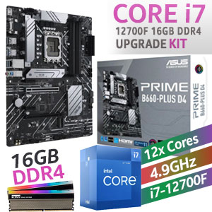 Intel 12th Gen Core i7-12700F PRIME B660-PLUS D4 16GB RGB 3600MHz Upgrade Kit - ASUS PRIME B660-PLUS D4 Intel Motherboard  + Intel 12th Gen Core i7 12700F Up to 4.90GHz CPU + KLEVV CRAS XR RGB 16GB (2 x 8GB) 3600MHz DDR4 Desktop Memory