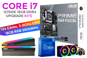 Intel 12th Gen Core i7 12700K PRIME B660-PLUS D4 16GB RGB 3600MHz Upgrade Kit - ASUS PRIME B660-PLUS D4 Intel Motherboard  + Intel 12th Gen Core i7 12700K Up to 5.0GHz CPU + KLEVV CRAS XR RGB 16GB (2 x 8GB) 3600MHz DDR4 Desktop Memory + Gamdias Chione M2-240R AIO CPU Liquid