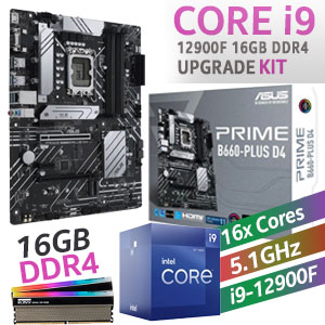 Intel 12th Gen Core i9 12900F PRIME B660-PLUS D4 16GB RGB 3600MHz Upgrade Kit - ASUS PRIME B660-PLUS D4 Intel Motherboard  + Intel 12th Gen Core i9 12900F Up to 5.10GHz CPU + KLEVV CRAS XR RGB 16GB (2 x 8GB) 3600MHz DDR4 Desktop Memory