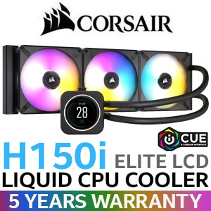 Corsair H150i Elite LCD Display 360mm Liquid CPU Cooler / SP120 RGB Elite Fans / High-Performance Pump Head With RGB LED Ring / Zero RPM Mode / CW-9060062-WW