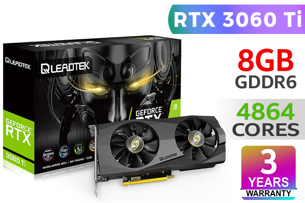 Leadtek WinFast RTX 3060 Ti HURRICANE 8GB GDDR6 LHR Gaming Graphics Card / 4864 CUDA Cores / 256 bit Memory Interface / Base clock: 1410 MHz / Boost clock: 1665 MHz / Hurricane-class Fans / Three Heat Pipes / Thermal Protection / 12792000210