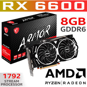 MSI Radeon RX 6600 ARMOR 8GB GDDR6 Graphics Card / 1792 Stream Processor / Base Clock : 2044MHz / Boost Clock : 2491MHz / 128-bit Memory Bus / AMD FreeSync Technology / 3x Display Port / 1x HDMI / 912-V502-043