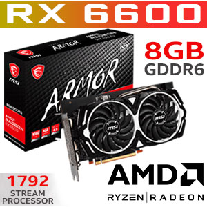 MSI Radeon RX 6600 ARMOR 8GB V1 GDDR6 Graphics Card / 1792 Stream Processor / Base Clock : 2044MHz / Boost Clock : 2491MHz / 128-bit Memory Bus / AMD FreeSync Technology / 3x Display Port / 1x HDMI / 912-V502-042