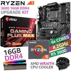 AMD RYZEN 5 3600 X470 Gaming Plus MAX 16GB RGB 3600MHz Upgrade Kit - MSI X470 Gaming Plus MAX ATX Ryzen Motherboard + AMD RYZEN 5 3600 35MB GameCache Up to 4.2GHz CPU (OEM) + KLEVV CRAS XR RGB 16GB (2 x 8GB) 3600MHz DDR4 Desktop Memory
