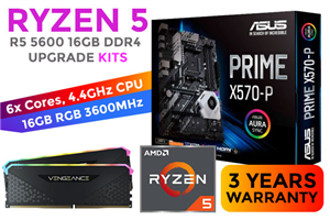 AMD RYZEN 5 5600 Prime X570-P 16GB RGB 3600MHz Upgrade Kit - ASUS Prime X570-P Ryzen Motherboard + AMD RYZEN 5 5600 35MB Cache Up to 4.4GHz CPU (OEM) + Corsair Vengeance RGB RS 16GB (2 x 8GB) 3600MHz DDR4 Desktop Memory