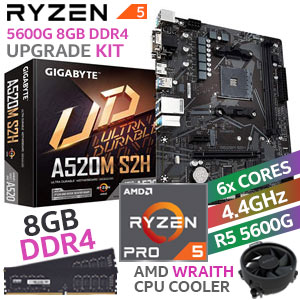 AMD RYZEN 5 PRO 5600G A520M S2H 8GB 3200MHz Upgrade Kit - Gigabyte A520M S2H m-ATX Ryzen Motherboard +  AMD RYZEN 5 PRO 5600G 19MB CACHE Up to 4.4GHz CPU (OEM)+ KLEVV (1x 8GB) 8GB 3200MHz DDR4 Memory