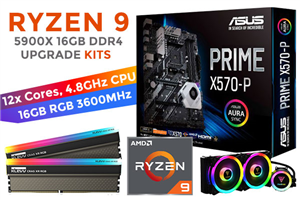 AMD RYZEN 9 5900X Prime X570-P 16GB RGB 3600MHz Upgrade Kit - ASUS Prime X570-P Ryzen Motherboard + AMD RYZEN 9 5900X 70MB GameCache Up to 4.8GHz CPU (OEM) + KLEVV CRAS XR RGB 16GB (2 x 8GB) 3600MHz DDR4 Desktop Memory + Gamdias Chione M2-240R AIO CPU Liquid
