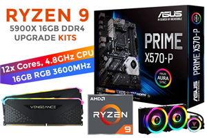 AMD RYZEN 9 5900X Prime X570-P 16GB RGB 3600MHz Upgrade Kit - ASUS Prime X570-P Ryzen Motherboard + AMD RYZEN 9 5900X 70MB GameCache Up to 4.8GHz CPU (OEM) + Corsair Vengeance RGB RS 16GB (2 x 8GB) 3600MHz DDR4 Desktop Memory + Gamdias Chione M2-240R AIO CPU Liquid