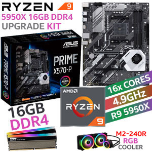 AMD RYZEN 9 5950X Prime X570-P 16GB RGB 4000MHz Upgrade Kit - ASUS Prime X570-P Ryzen Motherboard + AMD RYZEN 9 5950X 72MB GameCache Up to 4.9GHz CPU (OEM) + KLEVV CRAS XR RGB 16GB (2 x 8GB) 4000MHz DDR4 Desktop Memory + Gamdias Chione M2-240R AIO CPU Liquid