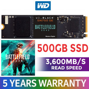 WD Black 500GB SN750 SE Battlefield 2042 Edition M.2 Gen4 PCle Internal Solid State Drive (SSD) / Sequential Read Speed Up To 3,600MB/s / Includes a Full Game PC code for Battlefield 2042 + Pre-Order Bonuses / WDBB9J5000ANC-WRSN