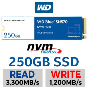 WD Blue SN570 250GB M.2 PCI-e 3.0 x 4 NVMe Internal Solid State Drive (SSD) / Maximum Read Speed 3300MB/s / Maximum Write Speed 1200MB/s / WDS250G3B0C