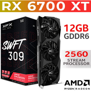 XFX Speedster SWFT 309 AMD Radeon RX 6700 XT 12GB GDDR6 Core Gaming Graphics Card / 2560 Stream Core / Base Clock : 2321MHz / Boost Clock : 2581MHz / Memory Clock Speed 16 GBPS / AMD FreeSync Technology / 3x Display Port / 1x HDMI / RX-67XTYJFDV
