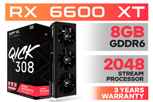 XFX Speedster QICK 308 AMD Radeon RX 6600 XT 8GB GDDR6 BLACK Gaming Graphics Card / 2048 Stream Processor / Base Clock : 2188MHz / Boost Clock : 2607MHz / Memory Clock Speed 16 GBPS / AMD FreeSync Technology / 3x Display Port / 1x HDMI / RX-66XT8LBDQ