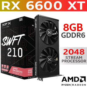 XFX SPEEDSTER SWFT 210 AMD Radeon RX 6600 XT 8GB GDDR6 Core Gaming Graphics Card / 2048 Stream Processors / Base Clock : 2092MHz / Boost Clock : 2589MHz / Memory Clock Speed 16 GBPS / AMD FreeSync Technology / 3x Display Port / 1x HDMI / RX-66XT8DFDQ