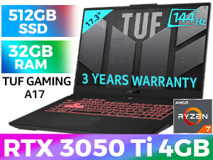 ASUS TUF Gaming A17 Ryzen 7 RTX 3050 Ti Gaming Laptop With 32GB RAM