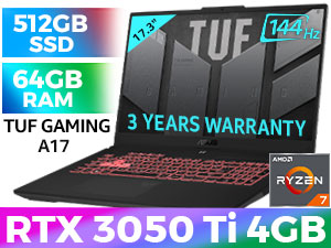 ASUS TUF Gaming A17 Ryzen 7 RTX 3050 Ti Gaming Laptop With 64GB RAM