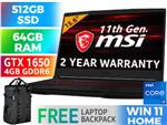MSI GF63 Thin 11SC Core i7 GTX 1650 Gaming Laptop With 64GB RAM